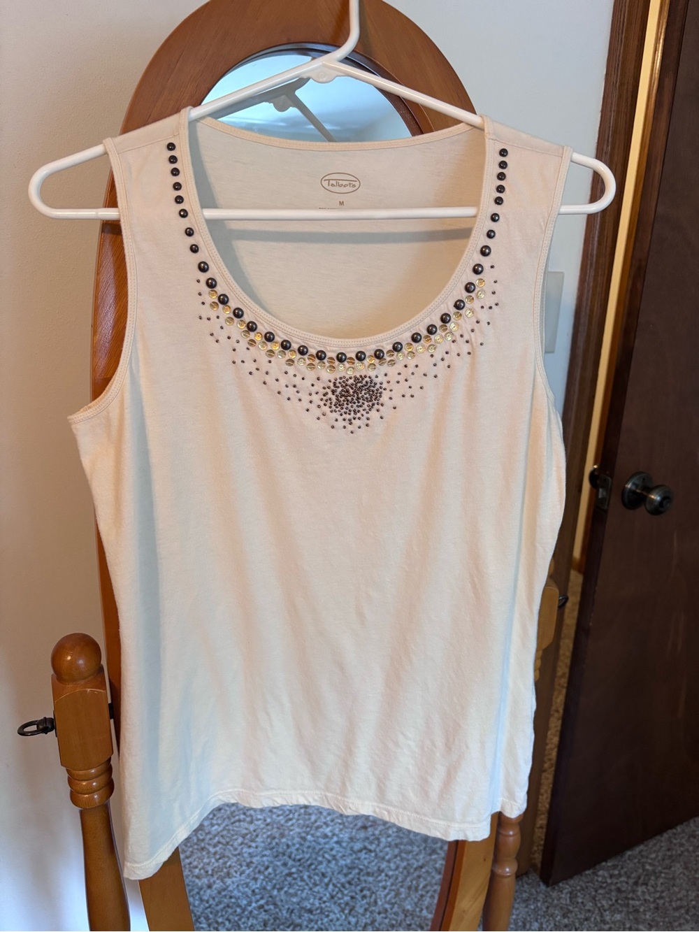 Talbots Embellished Scoop Neck Tank Top Medium Cream Cotton Modal Sleeveless